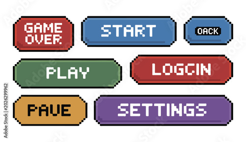 Set of pixel art game buttons with text game over, start, back, play, login, save, settings.