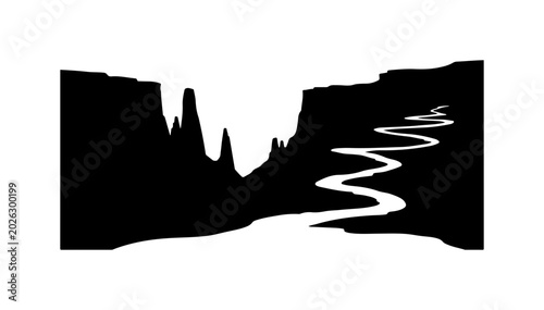 Black silhouette landscape, desert canyon, rocky formation, white river