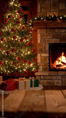 Cozy Christmas Tree Corner Adorned with Multicolored Lights and Presents Beside a Crackling Fireplace