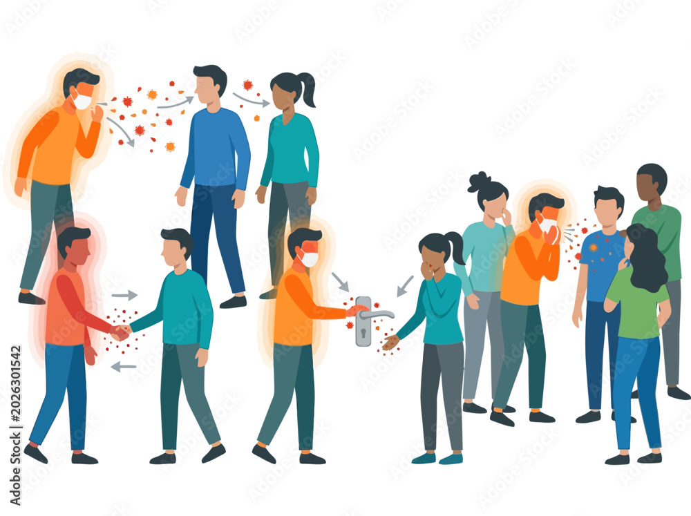 Obraz premium Illustration showing ways of virus transmission between people in daily life.