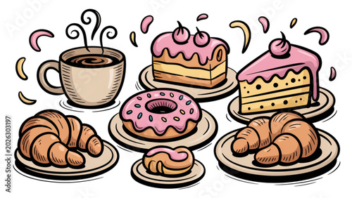 Fotografía Colorful assortment of pastries and coffee on a table Vector
