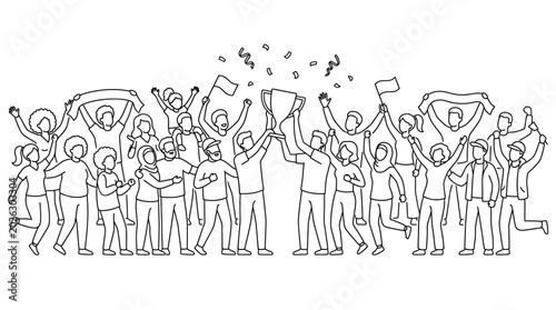 Happy crowd of people cheering with trophy cup sketch.