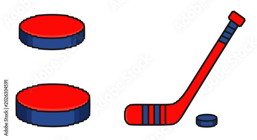 Photography Ice Hockey Equipment: Puck and Stick - Flat Design Illustration