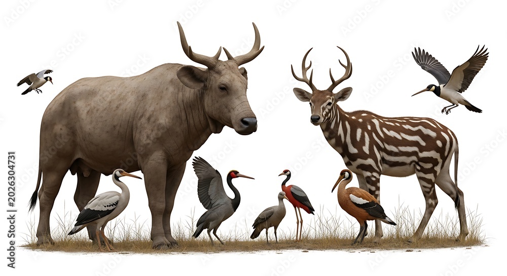 Naklejka premium Collection of wild animals including buffalo and deer and birds