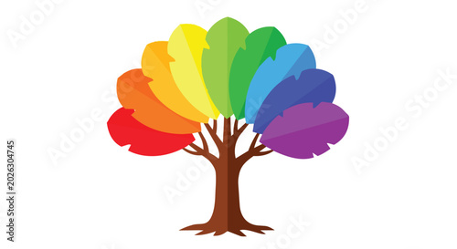Vibrant Rainbow Tree Illustration with Colorful Spectrum Leaves on White Background