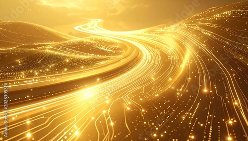 Golden technology background with curved white circuit paths. Modern digital flow concept. Vector design for illustration depicting innovation and progress.