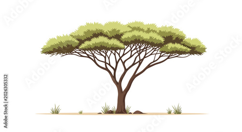 Majestic African Acacia Tree Illustration with Green Foliage and Wide Canopy Isolated on White