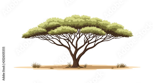 African Acacia Savanna Tree with Broad Green Canopy Illustration Isolated on White