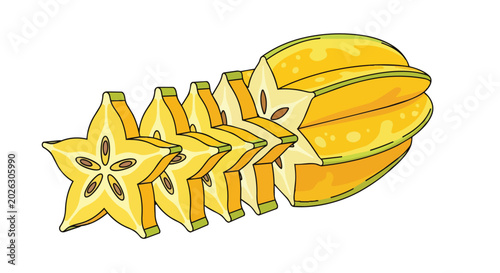 Fresh yellow starfruit slices and a whole carambola fruit illustration isolated on white background