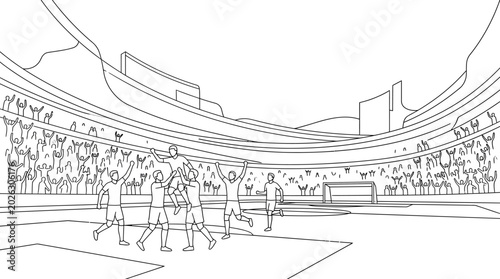Принти на полотні Line art sketch of a soccer team celebrating a goal.