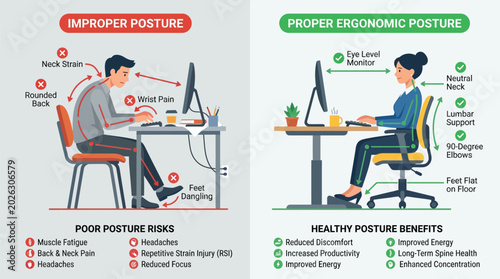 Ergonomic posture infographic comparing proper and improper sitting positions, healthy office desk setup for back pain prevention, workplace wellness vector