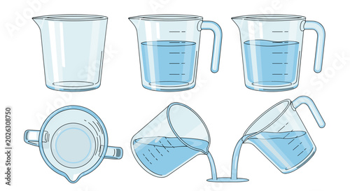 Set of glass measuring cups with liquid in various angles and states of use