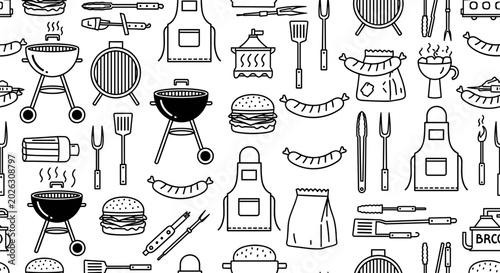 Seamless pattern of barbecue grill and cooking utensils hand drawn sketch style