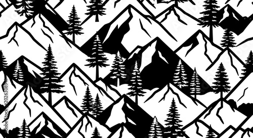 Black and white geometric mountain range with pine trees seamless pattern