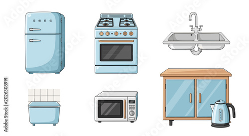 Retro Kitchen Appliances and Furniture Set Light Blue Color Palette