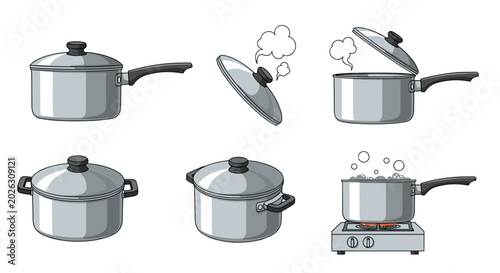 Collection of cooking pots and pans with lids and steam on a white background