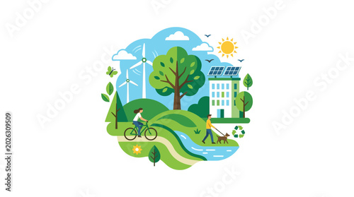 Sustainable Eco Friendly City Concept with People Living in Harmony with Nature.