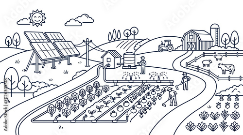 Sustainable modern farm illustration with solar panels and automated irrigation.
