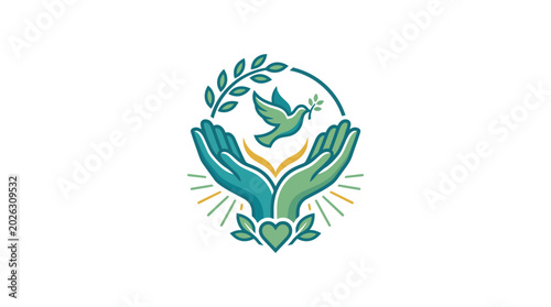 Symbolic illustration of human hands cradling a dove of peace with an olive branch.
