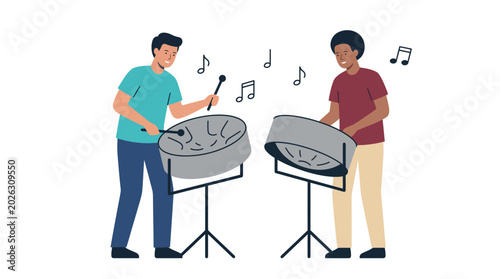 Two young musicians playing steel drums in a flat vector illustration style.