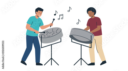 Tableau sur toile Two musicians playing steel pan drums together.