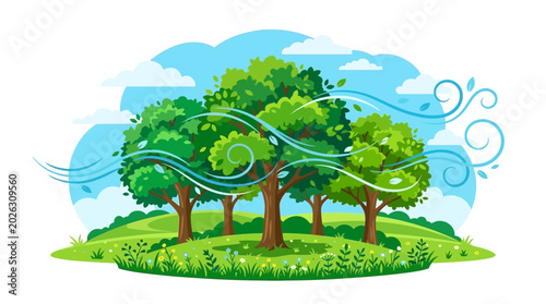 Cuadro en lienzo Vibrant illustration of lush green trees swaying in the wind.