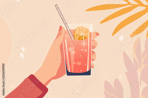 Hand holding Summer refreshing drink with iced on tropical background. Fresh healthy diet detox beverages.
