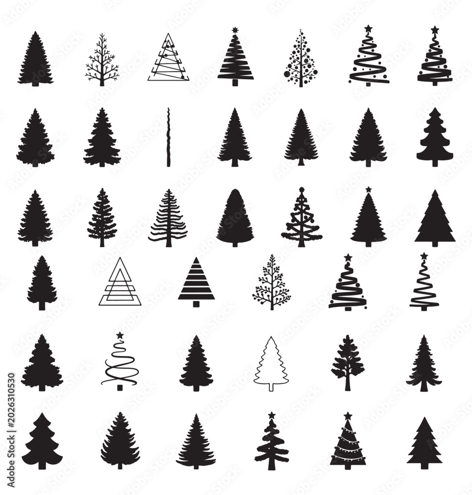 Obraz premium Collection of Minimal Black Christmas Tree Icons and Silhouettes for Holiday Design