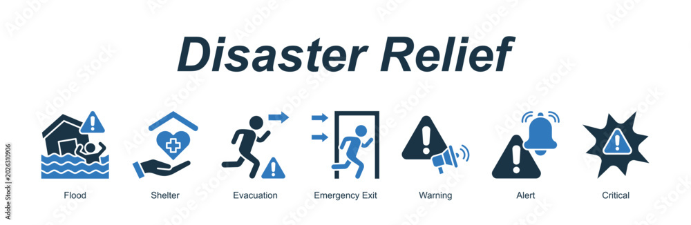 Fototapeta premium Disaster Relief web banner icon concept for with icon of Flood, Shelter, Evacuation, Emergency Exit, Warning, Alert, Critical.