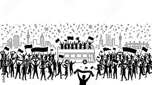 Cuadro en lienzo Silhouette crowd celebrating on a parade bus in a city street.