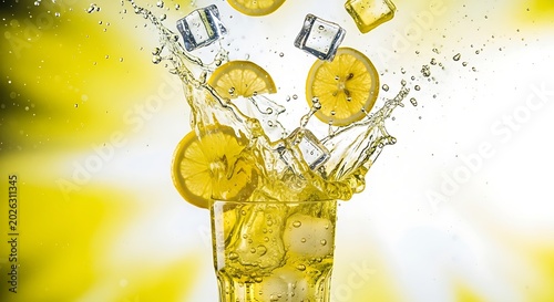 Refreshing drink with ice cubes and lemon.