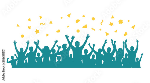 Silhouette of a happy cheering crowd with golden confetti celebration.