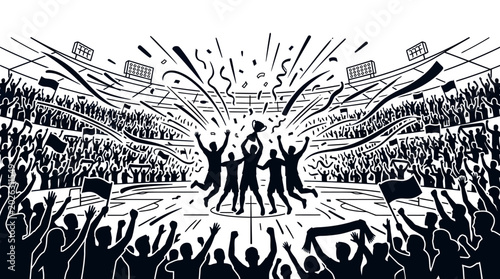 Foto Silhouette of a victorious sports team celebrating with a trophy.