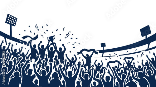 Silhouette of cheering sports crowd celebrating victory with trophy.