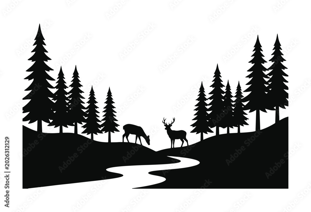 Obraz premium Forest silhouette with deer and pine trees. Christmas tree with reindeer and deer.