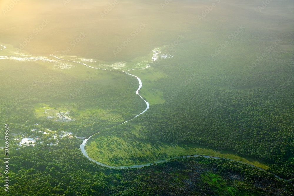 Fototapeta premium Scenic Tributary of the Demerara River Winding through the Amazon Rainforest in Guyana, South American