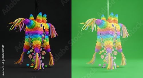 Colorful pi?ata with candy, on dark and green backgrounds