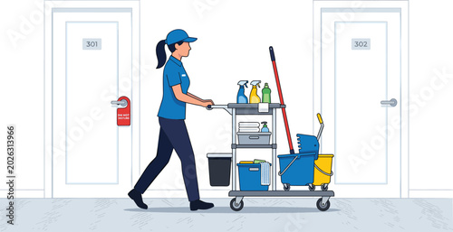 Schilderij op canvas Hotel housekeeping staff pushing cleaning cart through hallway in professional j