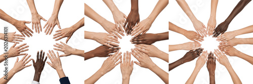 Tableau sur toile Set and collection of group of diverse human hands stacked together isolated on