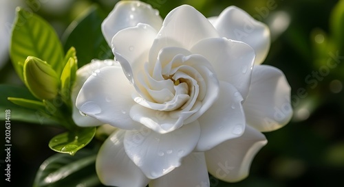 Delicate white bloom with dewdrops, lush green leaves, and a budding flower