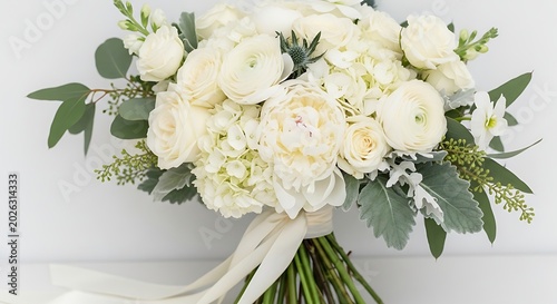 Elegant white bridal bouquet with soft ribbons and greenery