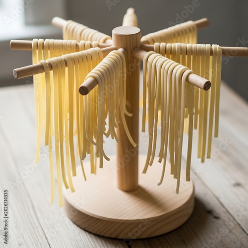 Fresh pasta drying on a wooden rack in a kitchen