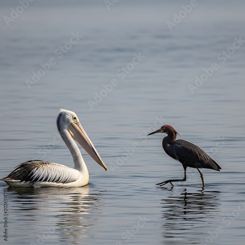 Large white bird swims beside a smaller dark bird wading in calm water