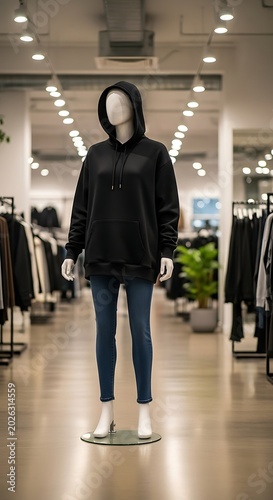 Mannequin in black hoodie and blue jeans in a clothing store