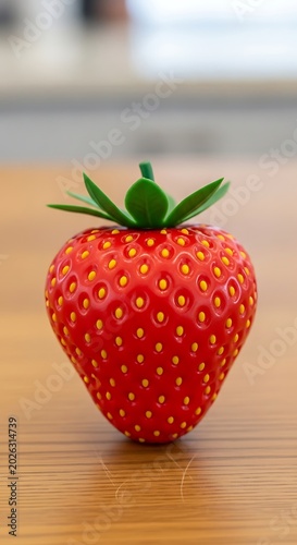 Realistic artificial strawberry sits on a wooden table
