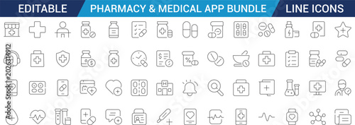 Pharmacy and medical app line icons including medicine, prescription, healthcare, diagnostics, hospital and mobile health concepts. Thin outline vector icons with editable stroke