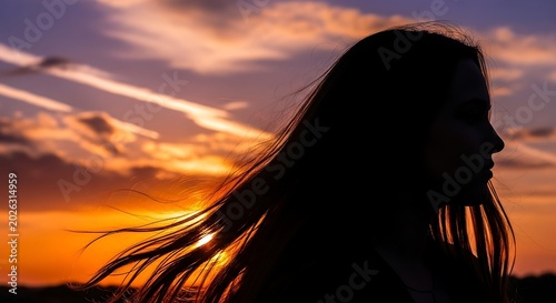 Silhouette of a young woman against a vibrant sunset sky