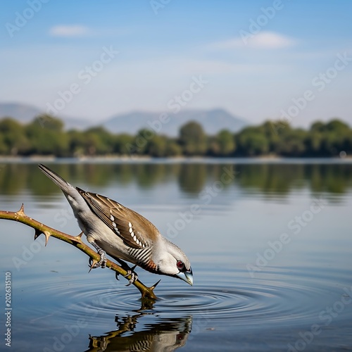 Small bird drinks from a water surface on a branch