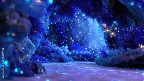 Enchanted cave with shimmering blue crystals and ethereal lighting effects in a mystical fantasy world