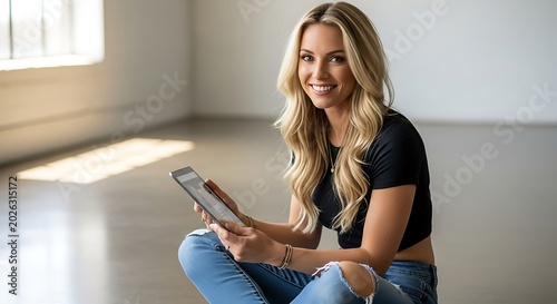 Smiling blonde woman sits cross-legged with tablet